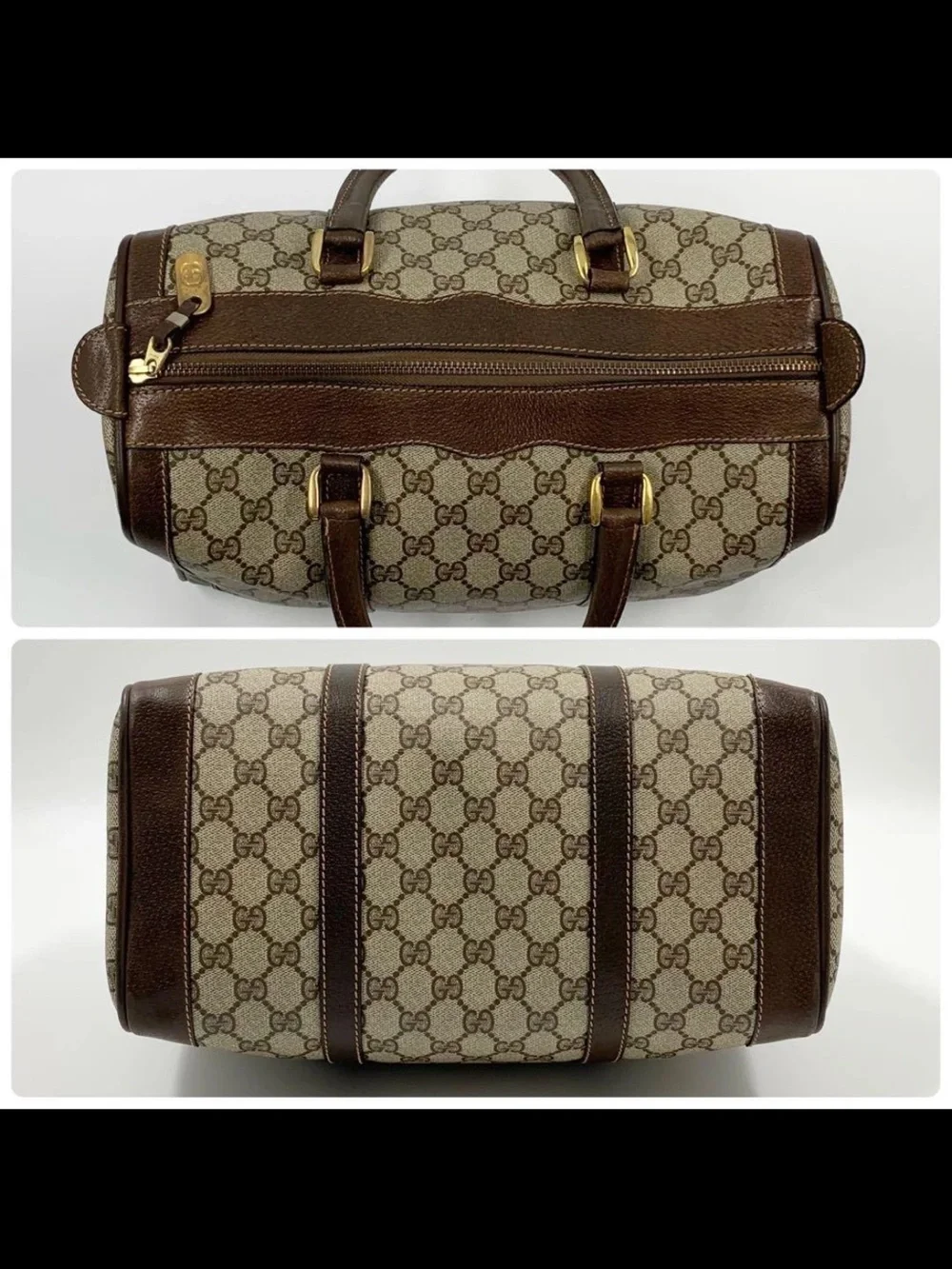 Gucci Brown & Beige GG Supreme Canvas Satchel with Leather Trim